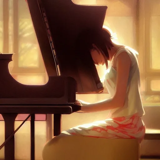 Image similar to anime girl Playing the Piano instrument , digital Art, Greg rutkowski, Trending cinematographic artstation