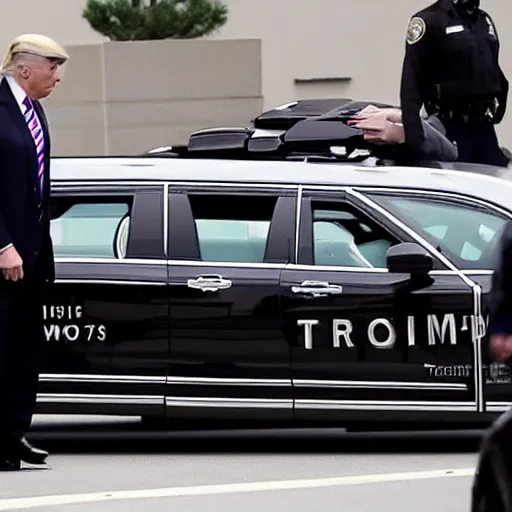 Prompt: Donald Trump driving a hearse with Ted Cruz getting arrested and put in the back