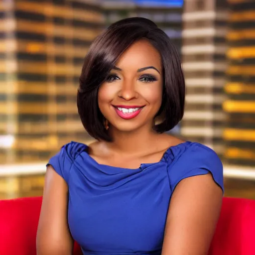 Image similar to a fullbody shot of a beautiful, african - hispanic female news anchor, with a bob cut, ultra hd, high definition, high quality, crisp, sharp, smooth, 8 k resolution