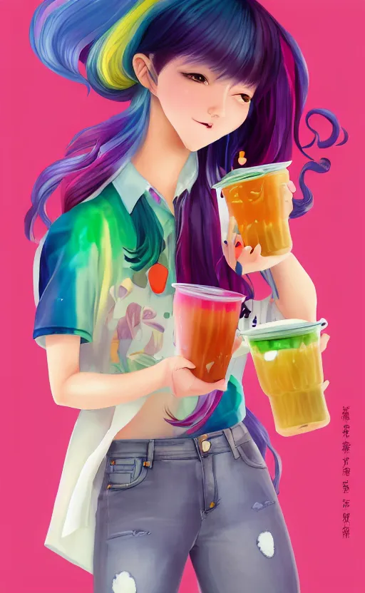 Image similar to a kawaii woman with rainbow hair, happy, summer time, holding boba tea drink, soft eyes and narrow chin, dainty figure, long hair straight down, kawaii shirt and jeans, basic white background, In style of by Jordan Grimmer and greg rutkowski, crisp lines and color