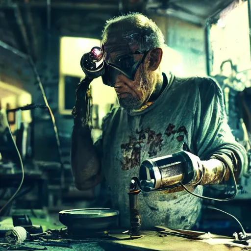 Image similar to half rusted old egg beater half stun - gun, balding older cyborg repairing, red hot soldering iron, dark messy smoke - filled cluttered workshop, dark, dramatic lighting, orange tint, cinematic, highly detailed, sci - fi, futuristic, movie still from blade runner