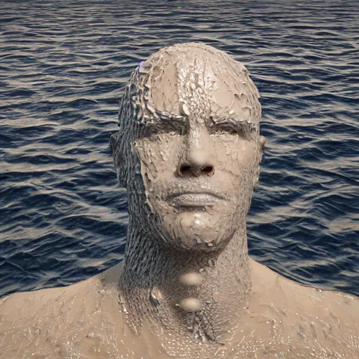 Image similar to a human head sculpture made out of water on the ocean water, cinematic, in the style of chad knight, long shot, hyper detailed, hyper realistic, ray tracing, 8 k resolution, sharp focus, realistic water, award winning
