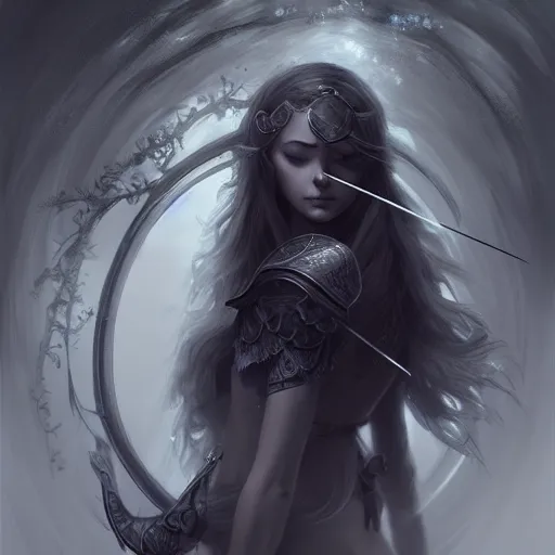 Image similar to beautiful extremely detailed intricate concept art depicting an archer by charlie bowater. shining jewelry. grey atmosphere. particles in the background. bcy. net