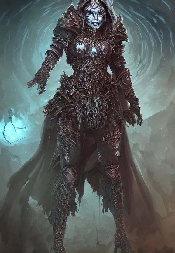 Image similar to mad necromancer girl concept art, liquid armour, glowing eyes, slavic pattern, symmetrical, rule of three, detailed body, full body, detailed face, ultradetailed digital illustration, 8 k, epic atmosphere, digital art by simon cowell and rachel walpole