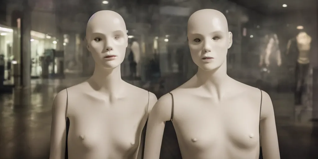 Image similar to a horror movie still in a mall of a mannequin, its face is painfully coming to life and is half alive, half of the body is plastic the other half is flesh, the background is misty, cinematic still, 4 k, dramatic, eerie, cinema lighting, low light, realistic