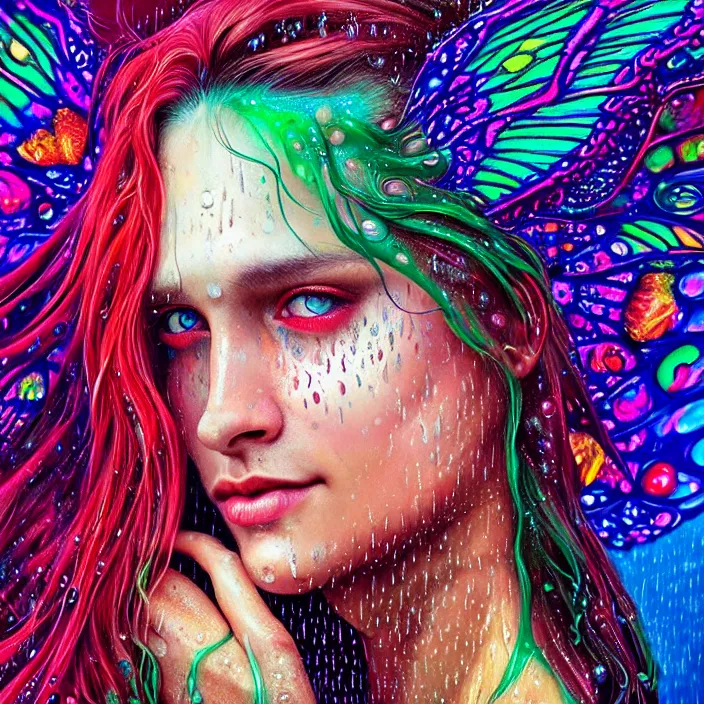 Image similar to bright psychedelic portrait with rain on face and wet hair, wings, smiling, diffuse lighting, fantasy, intricate, elegant, highly detailed, lifelike, photorealistic, digital painting, artstation, illustration, concept art, smooth, sharp focus, art by John Collier and Albert Aublet and Krenz Cushart and Artem Demura and Alphonse Mucha