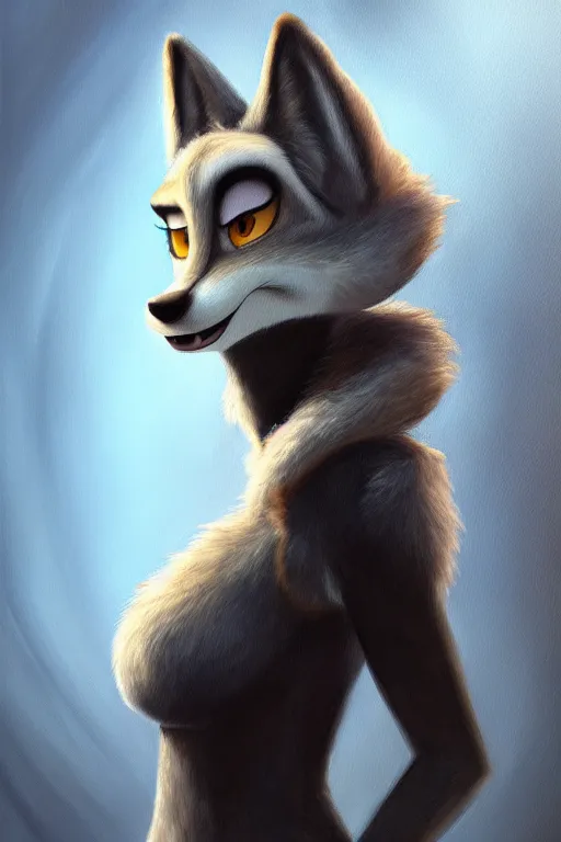 Image similar to oil painting of anthromorphic female wolf, in style of zootopia, female fursona, furry, furaffinity, 4 k, deviantart, furry art, fursona art, wearing black business suit, business suit, wolf fursona, female, very expressive detailed feminine face,