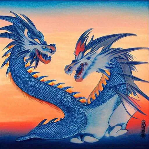 Image similar to Snow-white dragon Haku frolics in the sunset sky, Japanese painting, pastel colors