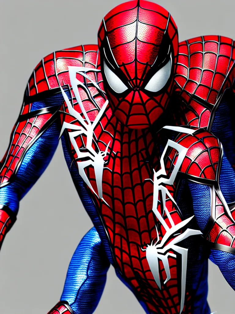 Image similar to spider man all metal suit, red chrome, shiny, reflective, metallic, 3 d render, realistic, hdr, stan winston studios, dramatic lighting, mirror finish