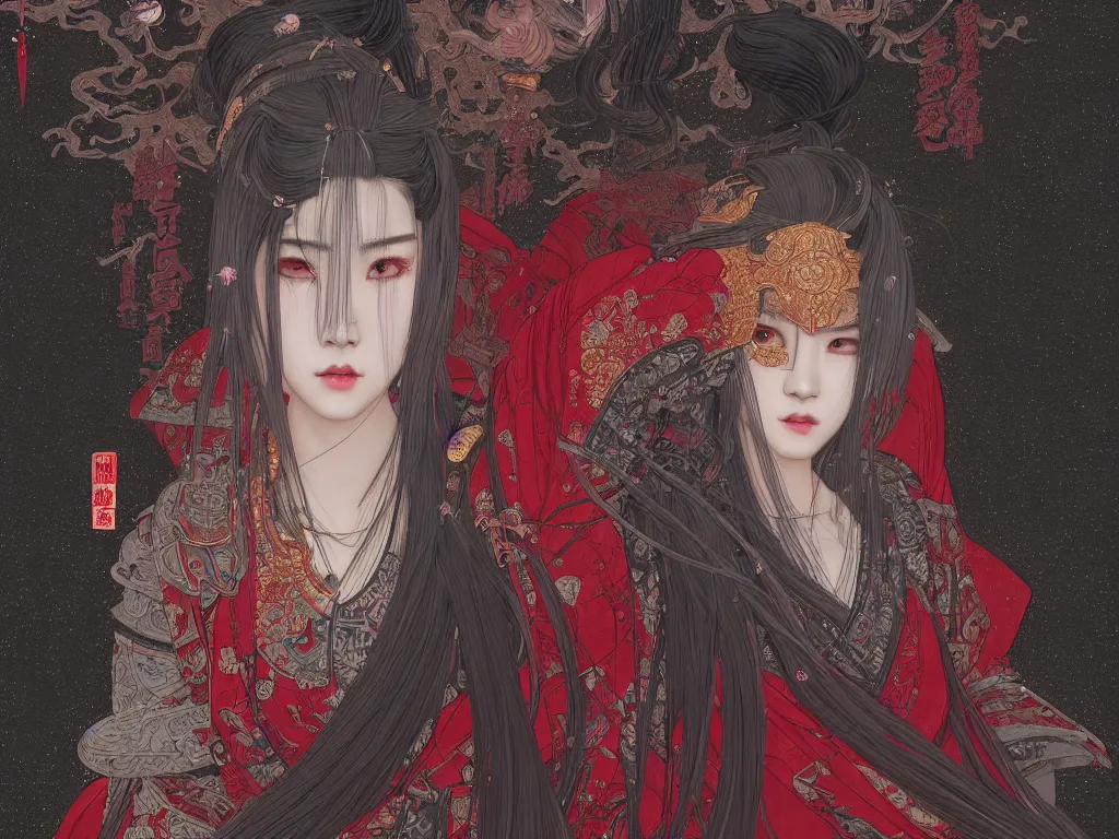 Image similar to portrait jisoo blackpink, grey hair black and red samurai armor, in japanese temple heavily rainy night, ssci - fi and fantasy, intricate and very very beautiful and elegant, highly detailed, digital painting, artstation, concept art, smooth and sharp focus, illustration, art by tian zi and wlop and alphonse mucha