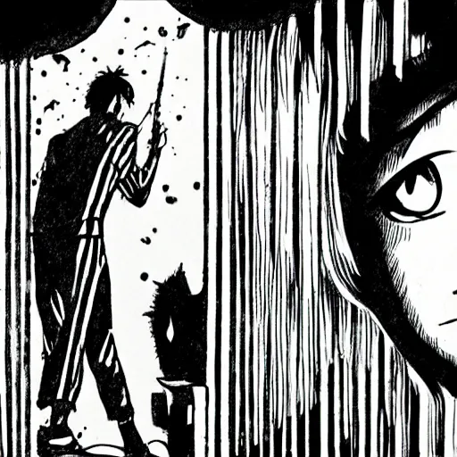 Image similar to close-up scene neighbor drilling grid holes in a room, manga, black and white manga horror in style of junji ito, kentaro miura