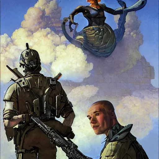 Image similar to a tactical soldier with his back to the viewer, looks up to see a giant woman with horns, by jon foster, gerald brom, wayne barlowe, and norman rockwell