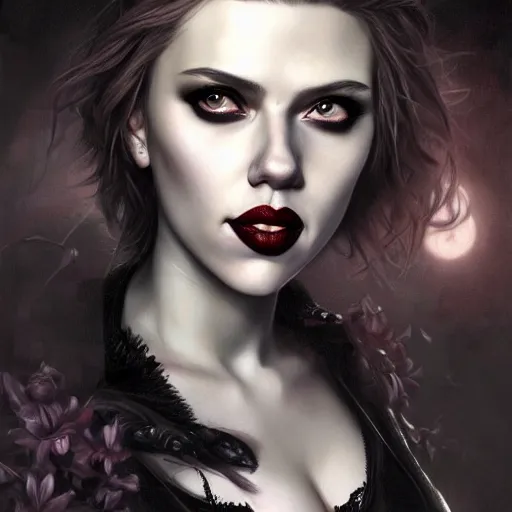 Image similar to detailed portrait of scarlett johansson as a cute undead goth girl, beautiful, fantasy, intricate, elegant, highly detailed, digital painting, artstation, concept art, matte, sharp focus, illustration, art by aenaluck, artgerm and roberto ferri and greg rutkowski, epic fantasy, digital painting