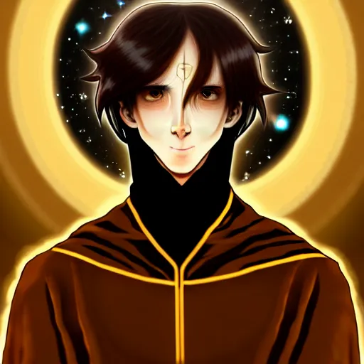 Image similar to a man with with brown hair, eyes with stars and galaxies in his eyes, wearing a black robe with the tips made of gold, anime, trending on artstation, high quality