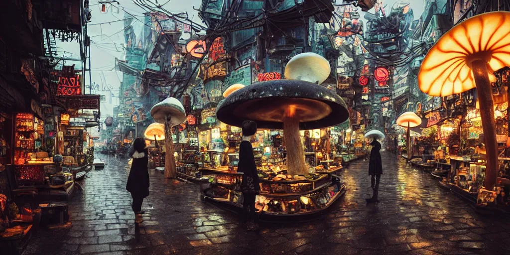 Image similar to a lively and whimsical dark fungal pawn shop, white haired skesis girls, cinematic framing, wide angle, rain lit, kawaii shop grows out from the stalk of a giant mushroom, cgsociety, siggraph, dystopian scifi, set design, oleg oprisco, conrad roset, anka zhuravleva, gediminas pranckevicius, cornell, kawasaki