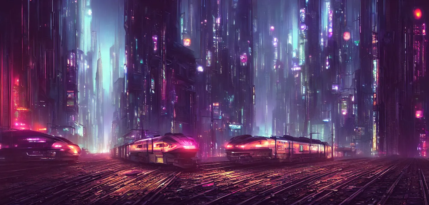 Image similar to a painting of a city at night with a train on the tracks, cyberpunk art by stephan martiniere, cg society contest winner, panfuturism, matte painting, dystopian art, reimagined by industrial light and magic