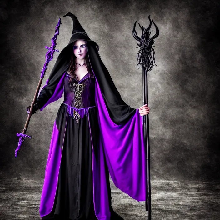 Image similar to professional photograph of a real - life beautiful elemental darkness witch with ornate purple and black robes and staff. extremely detailed. 8 k