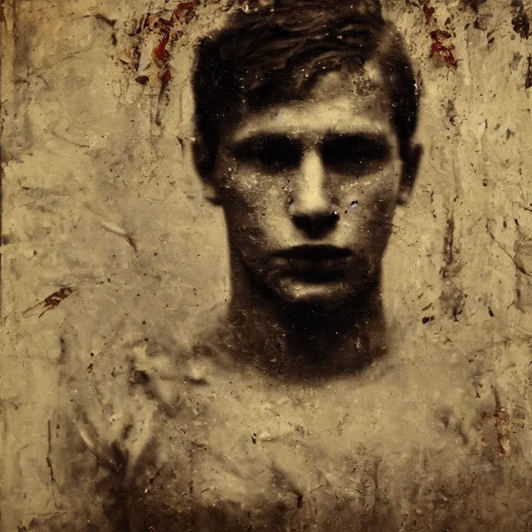 Prompt: Antique tintype of Beautiful warmly lit close up expressionistic studio portrait of young teenage Captain America frowning severely, impasto oil painting heavy brushstrokes by Cy Twombly and Anselm Kiefer , trending on artstation dramatic lighting abstract Expressionism