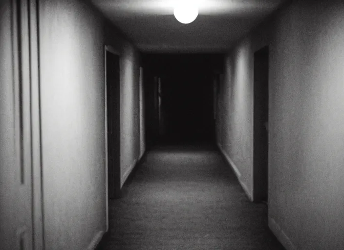 Prompt: Grainy photo of a long hallway in a hotel at night. A disfigured face peeks out of one of the rooms, horror movie still, dramatic lighting