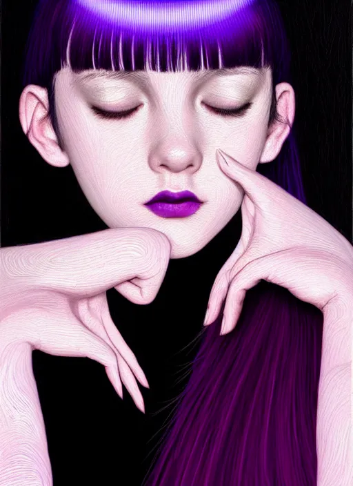 Image similar to portrait of teenage girl with white bangs, red irises, black hair, purple clothes, white bangs, bangs are different color from hair, intricate, front of hair is white rest is black, elegant, glowing lights, highly detailed, digital painting, artstation, concept art, smooth, sharp focus, illustration, art by wlop, mars ravelo and greg rutkowski