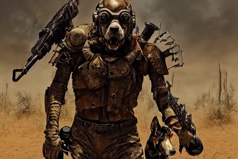 Image similar to a good ol'hound dog fursona ( from the furry fandom ), heavily armed and armored facing down armageddon in a dark and gritty version from the makers of mad max : fury road. witness me.