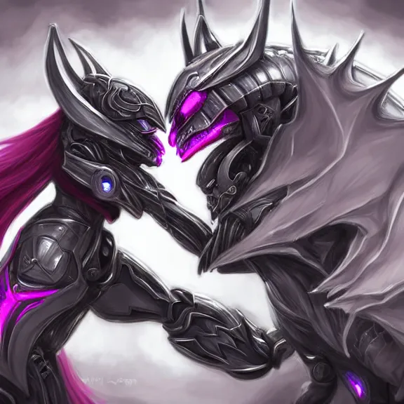 Prompt: cinematic shot two hyperdetailed elegant beautiful stunning sexy anthropomorphic robot mecha female dragons, kissing together cutely, dragon kissing, close, first dragon with sharp silver armor, second dragon with sleek silver armor and fuchsia skin, anthro art, warframe destiny fanart, furry mawshot art, dragon art, macro, furaffinity, deviantart, octane, sofurry