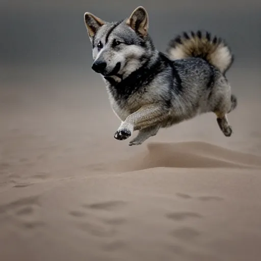 Image similar to award winning wildlife photography, a Swedish vallhund, high midair shot, running towards the camera, straight shot, high shutter speed, dust and sand in the air, wildlife photography by Paul Nicklen, shot by Joel Sartore, Skye Meaker, national geographic, perfect lighting, blurry background, bokeh