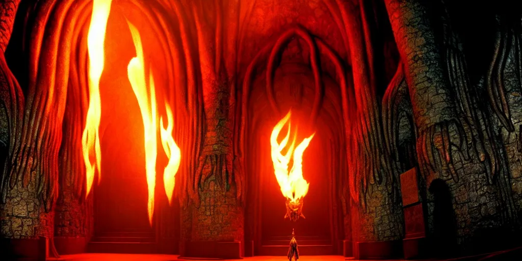 Image similar to huge balrog in the great hall of moria, columns along both sides of the great hall, balrog is breathing fire, style of h. r. giger, cinematic, movie still, cgi, directed by ridley scott