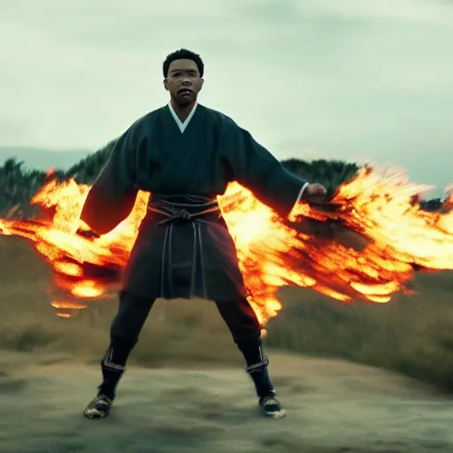 Image similar to cinematic film still of Chance The Rapper starring as a Samurai holding fire, Japanese CGI, VFX, 2022, 40mm lens, shallow depth of field, film photography