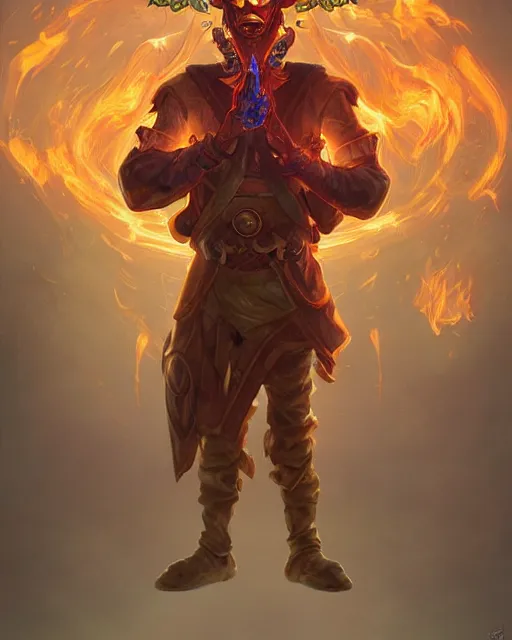 Image similar to happy mask salesman from zelda, full body photo, flames everywhere, highly detailed, digital painting, artstation, concept art, smooth, sharp focus, illustration, art by artgerm and greg rutkowski and alphonse mucha and wlop