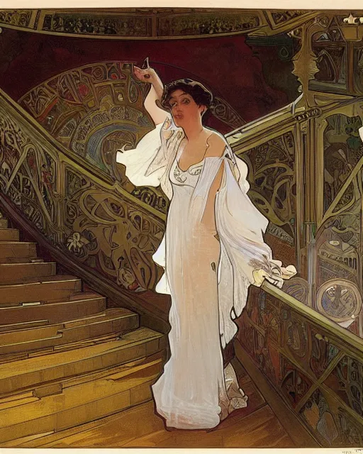 Prompt: painting alphonse mucha, the interior of the opera house, a singer in a white dress on a lighted stage, a palette of pastel colors