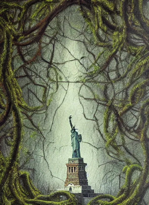 Image similar to hyper detailed oil painting of the statue of liberty; cracked, decaying, covered in moss and vines; thunderstorm; moody cinematic lighting, painted by Greg Rukowtski, trending on Artstation