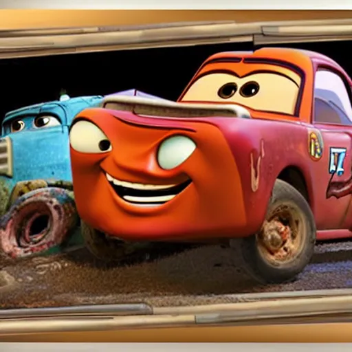 Prompt: mater from cars crashing into a building, rubble, disney pixars cars, mater, mater