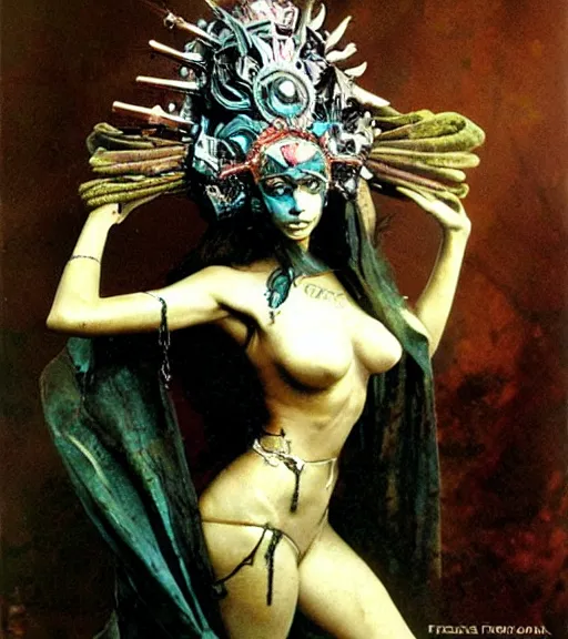 Image similar to empress of the wasteland, scrap metal headdress, beautiful! coherent! by brian froud, by frank frazetta