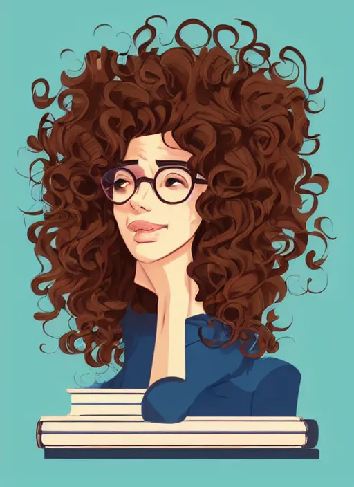 Prompt: a woman with curly brown hair and rectangular, thin - framed glasses sits on top of a tall pile of books. clean cel shaded vector art. shutterstock. behance hd by lois van baarle, artgerm, helen huang, by makoto shinkai and ilya kuvshinov, rossdraws, illustration, art by ilya kuvshinov