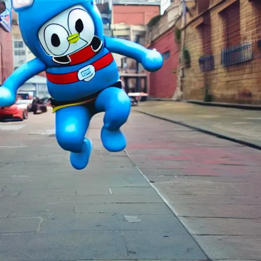 Prompt: doraemon joyfully parkouring, inner city, photorealistic sensual