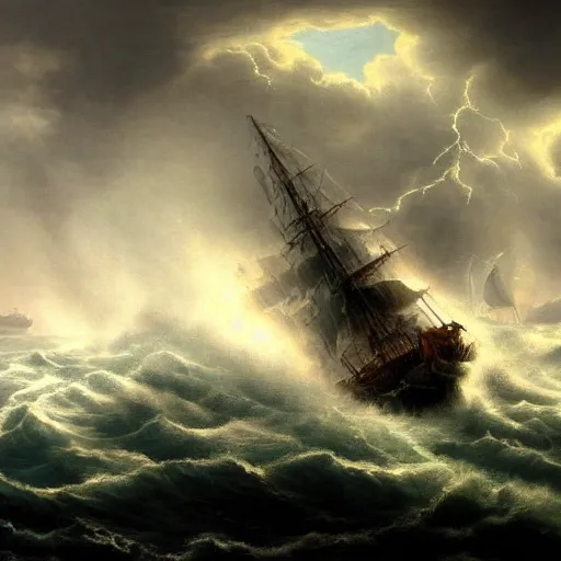 Prompt: a ship sinking in a raging storm, dark mood, amazing lighting, highly detailed