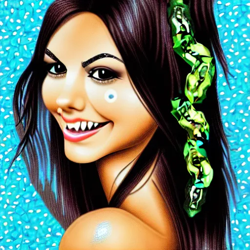 Image similar to one face shot of victoria justice made out of jalapenos by 5 randomly selected famous illustrators. vastly enriched image quality. lucidly vivid. iridescentally detailed. extremely elegant and beautiful.