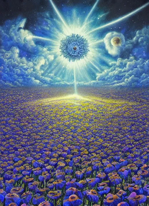 Image similar to detailed, intricate blue black and purple papaverum flower on the field, nebula, galaxy in the sky, winning award masterpiece, fantastically beautiful, illustration, aestheticly inspired, jacek yerka, upscale with anguissola sofonisba work, artstation, 8 k