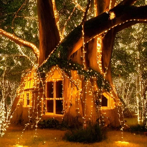 Prompt: cozy house inside a giant tree with fairy lights