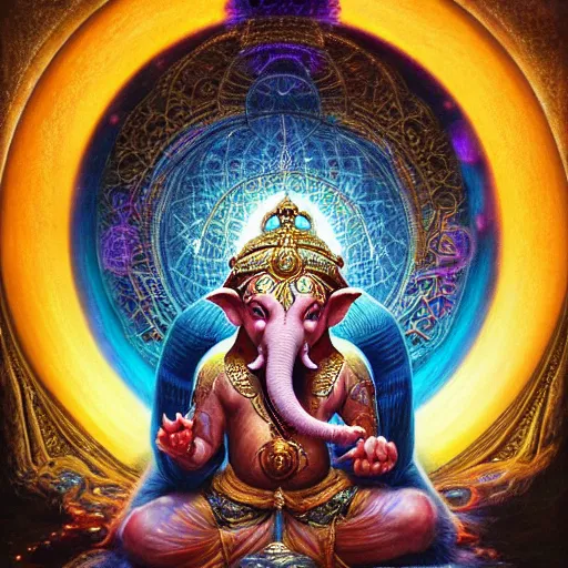 Image similar to artstation, intricate details, hyper details, by gilbert williams, deva ganesha in their palace and sacred realm, eastern mysticism, spiritual alchemy, esoteric, ether, 5 th element, dark energy dark matter, hermetic,