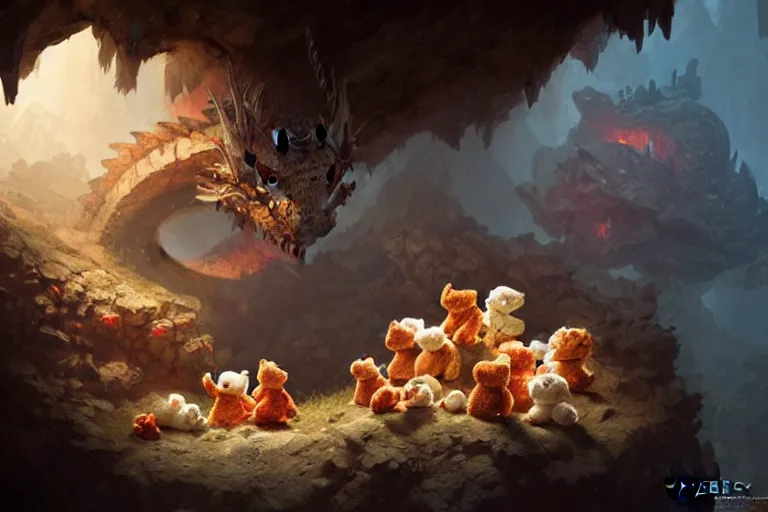 Prompt: a dragon hoarding a pile of teddy bears in a cave, digital art, detailed, soft lighting, cinematic, ultra realistic, art by greg rutkowski, marc simonetti, james gurney