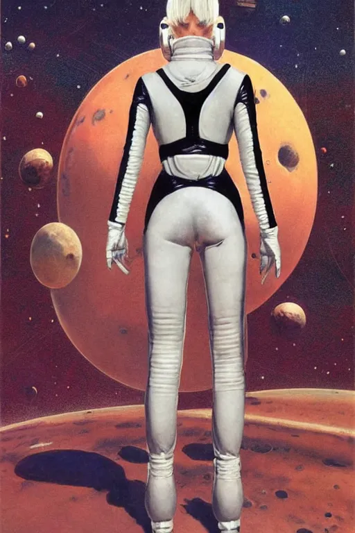 Image similar to pulp scifi fantasy illustration full body portrait android girl, gymnastique, white hair, in leather spacesuit on mars, by norman rockwell, roberto ferri, daniel gerhartz, edd cartier, jack kirby, howard v brown, ruan jia, tom lovell, frank r paul, jacob collins, dean cornwell, astounding stories, amazing, fantasy, other worlds