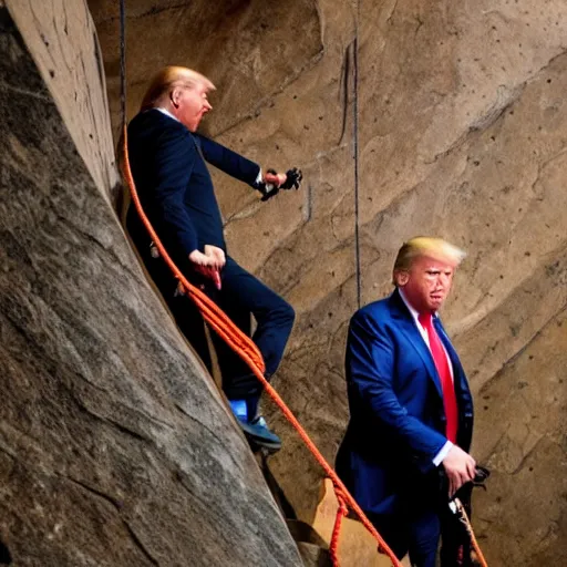 Image similar to Donald Trump struggling to climb a staircase, with climbing gear and ropes on, screaming, angry, 4k, high quality photograph