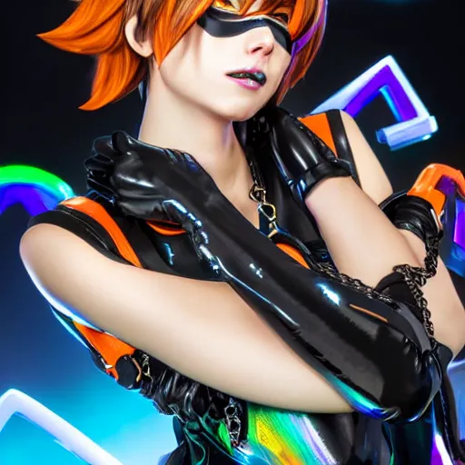 Image similar to full body digital artwork of tracer overwatch, wearing black iridescent rainbow latex tank top, 4 k, expressive happy smug expression, makeup, in style of mark arian, wearing detailed black leather collar, chains, black leather harness, leather cuffs around wrists, detailed face and eyes,