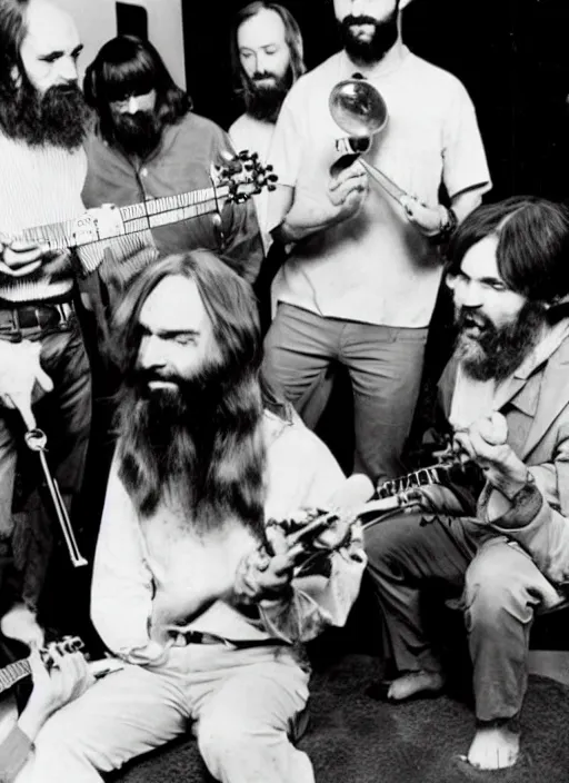 Image similar to vintage magazine photo depicting charles manson playing tambourine with the beach boys