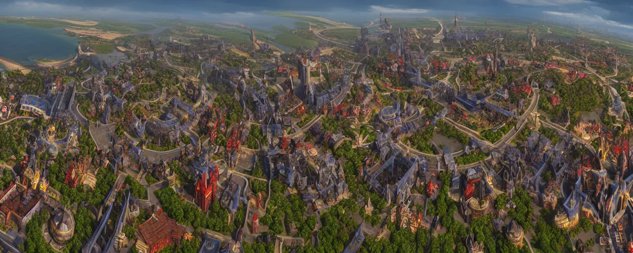 Image similar to Aerial view of Stormwind City, panorama, octane render, 8k resolution