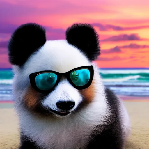 Prompt: a closeup photorealistic photograph of a cute stylish panda themed Pomeranian puppy dog wearing cat-eye sunglasses at the beach during sunset. Surf in the background. This 4K HD image is Trending on Artstation, featured on Behance, well-rendered, extra crisp, features intricate detail and the style of Unreal Engine.