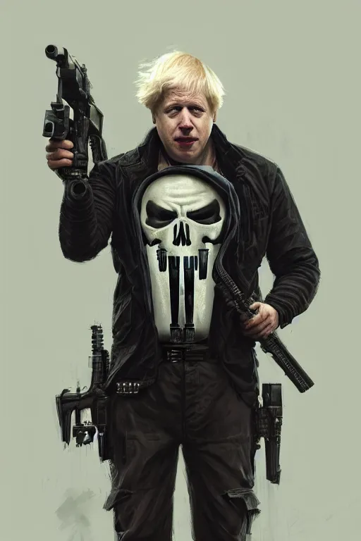 Image similar to Boris Johnson as Punisher, realitic portrait, skull image on the vest, highly detailed, digital painting, artstation, concept art, smooth lines, sharp focus, illustration, cinematic lighting, art by artgerm and greg rutkowski and alphonse mucha