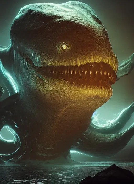 Prompt: a deep sea monster with a human face, a colossal gigantic deep sea creature, concept art, behance hd, artstation, deviantart, global illumination, radiating, a glowing aura, ray tracing, hdr, render